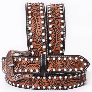 BAR H EQUINE Floral Leaf White Crystal Hand Carved Western Leather Men And Women Belt Brown